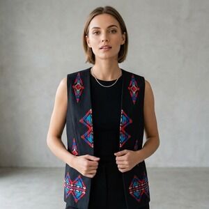 VTG Milo Dallas Beaded Southwestern Vest Black Geometric Aztec Longline